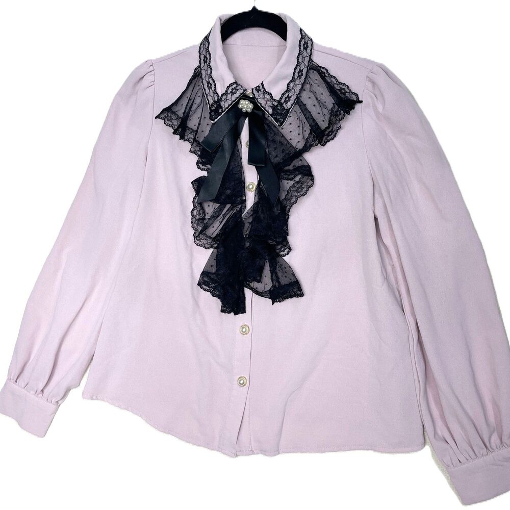 Pink Button Up Shirt Black Lace Jabot Pearl M Coquette Balletcore Victoriancore